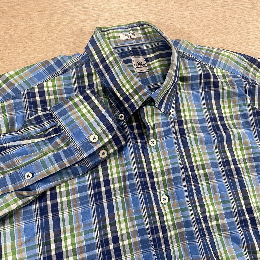 Peter‎ Millar Crown Sport Mens XL Plaid Shirt Blue Green Button Down Long Sleeve
